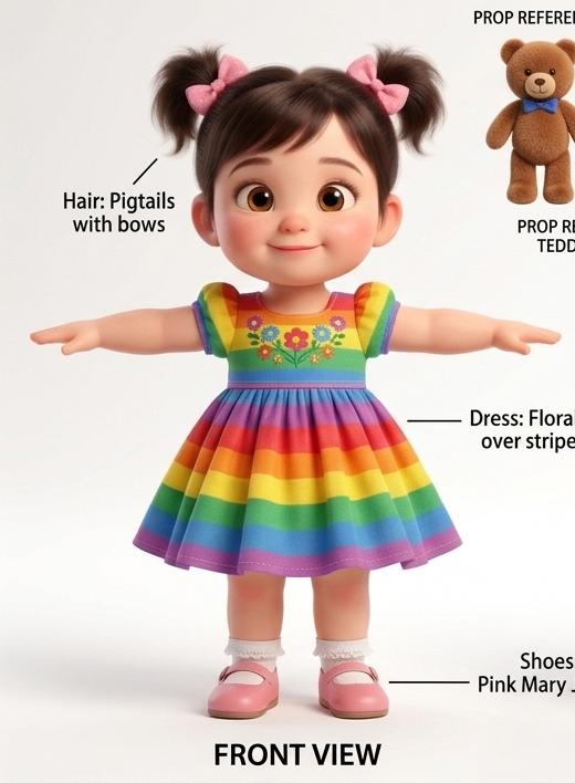 Lily, a cheerful toddler in a rainbow dress
