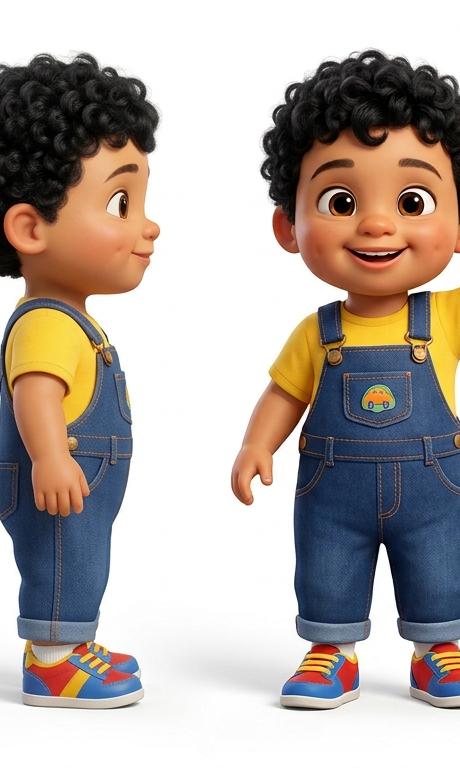 Milo, a happy preschool boy in overalls, waving