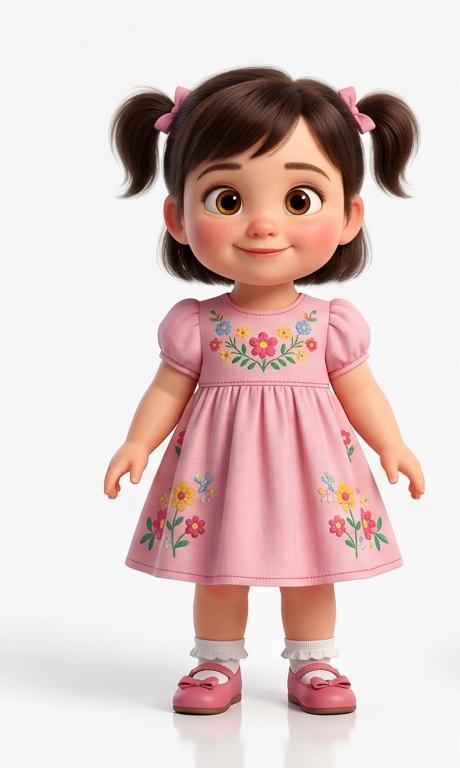 Zoe, a cute toddler girl in a pink floral dress